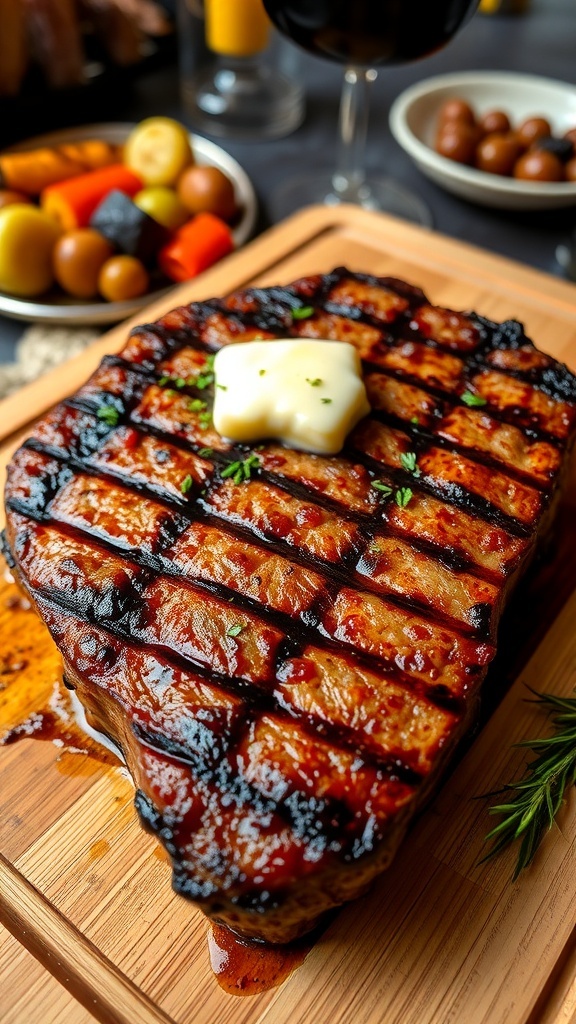 A grilled juicy steak with herbs and butter on a cutting board, accompanied by grilled vegetables and wine.